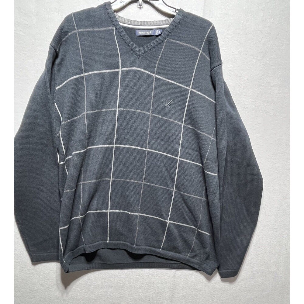 Nautica Men’s XL V-Neck Sweater Gray Windowpane Plaid 100% Cotton Long Sleeve